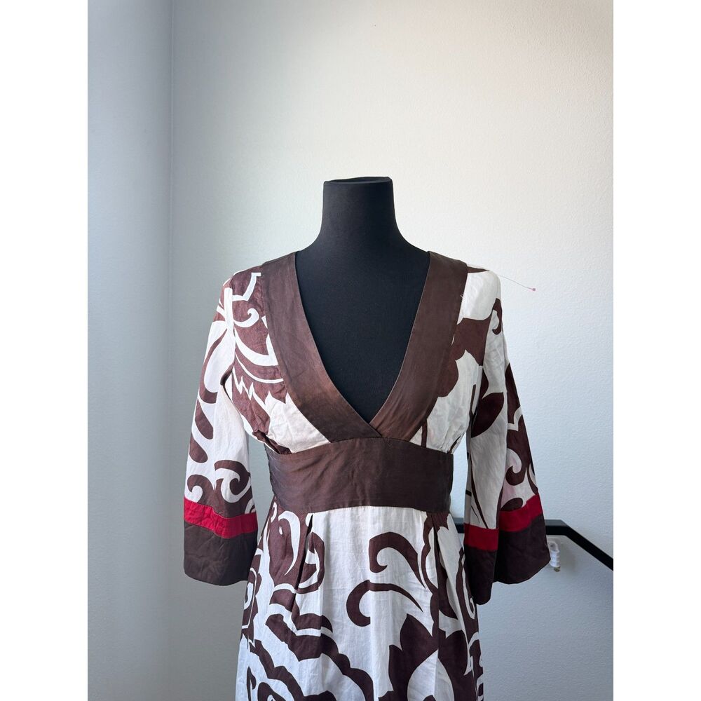 Bebe Vintage USA Made Plunging V-Neck Brown Damask Empire Dress S